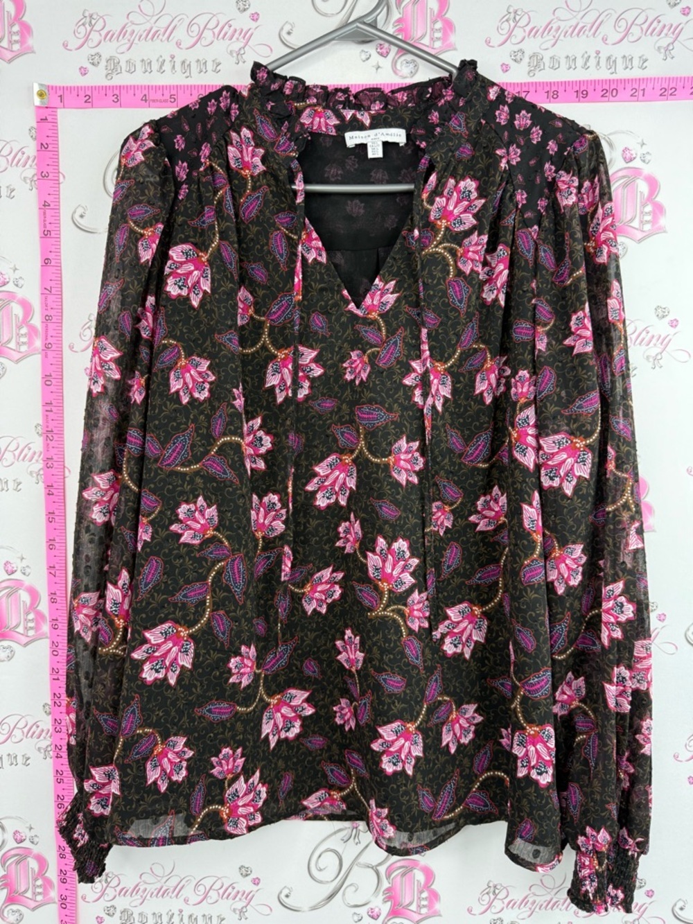 Maison D’Amelie Ruffle-Neck Blouse - Black with Pink Print, Floral, lightweight